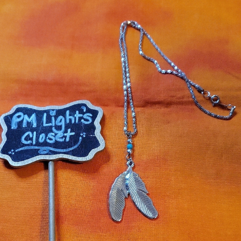 Feather Pendant Necklace Silver Tone with Turquoise Beads